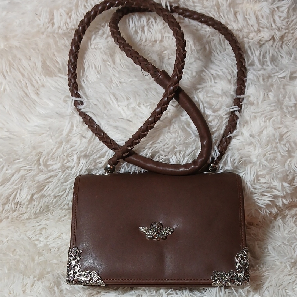 Brown Crossbody Bag, Faux Leather Metal Cherub
